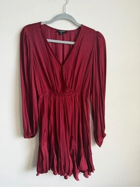mittoshop Women's Deep Red Long Sleeve V-Neck Mini Dress